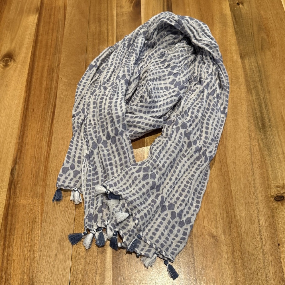 Spartina 449 Linen Blend Scarf Wrap Ivory Gray Tassel Fringe Boho Coastal Preppy